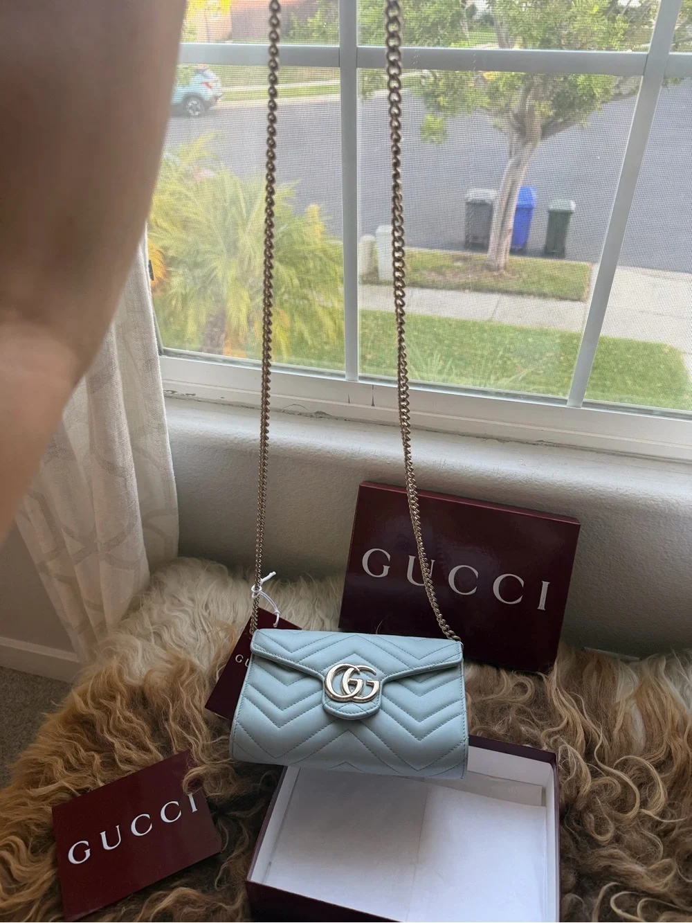 Gucci Pale Blue GG Marmont Quilted Crossbody Wallet